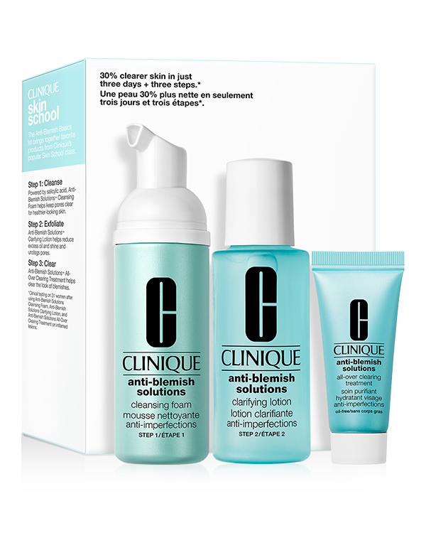 Kit Anti-Acne Anti-Blemish Solutions™, Use o Kit Anti-Acne Anti-Blemish Solutions™ e veja 36% de redução em imperfeiçoes ativas em 3 dias *. A melhor forma de controlar as imperfeições é manter uma rotina consistente que não irrita a pele.