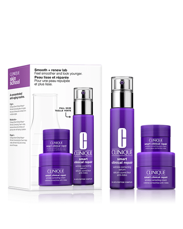 Kit Antirrugas Smart™: Serum Facial + Mini Creme Facial + Mini Creme para Olhos, 3 especialistas em skincare antirrugas para uma pele mais jovem e suave.